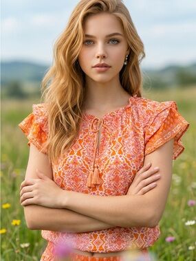Rose & Olive Orange Printed Tassel Tie Ruffle-Sleeve Blouse